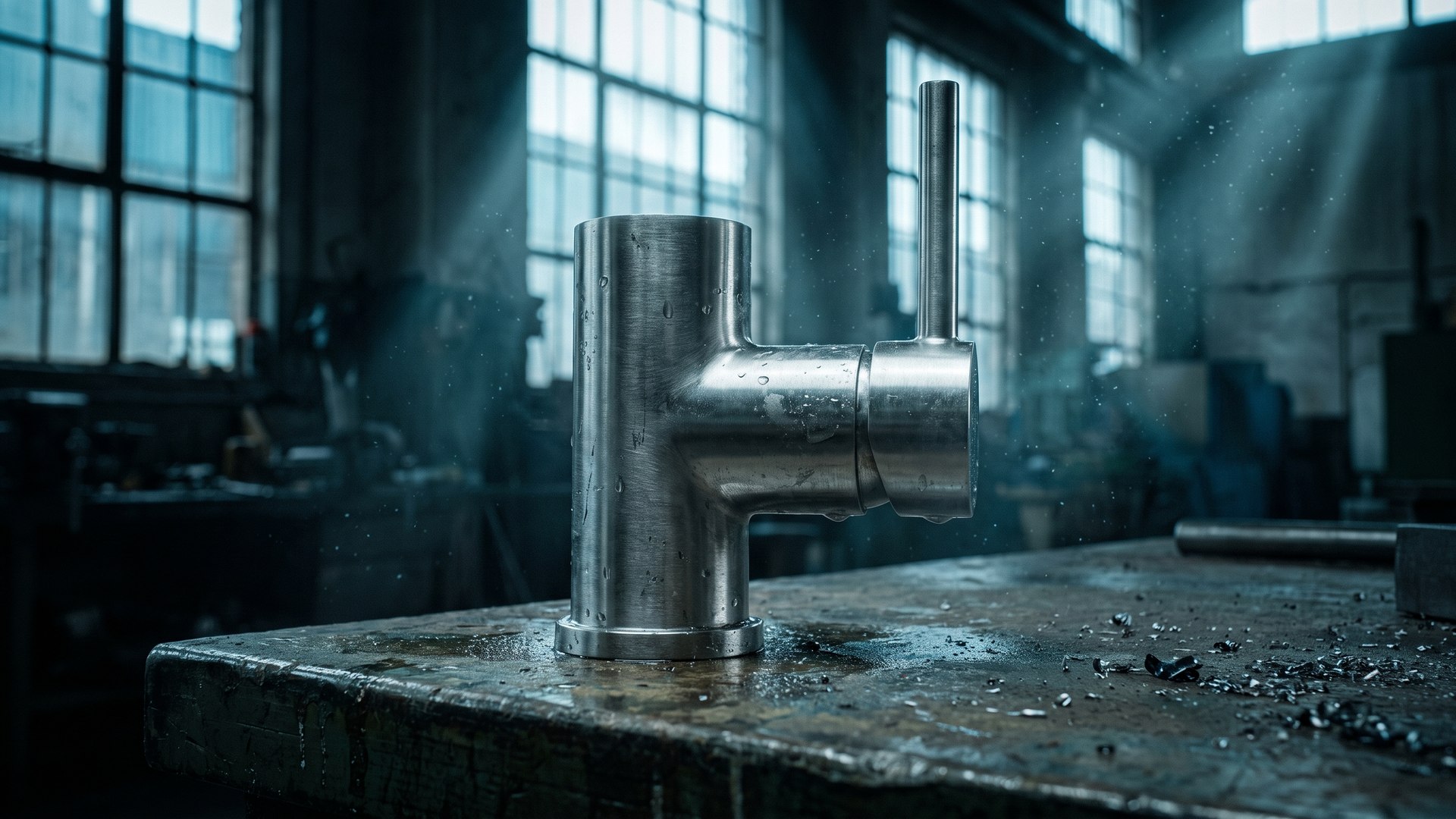 A stainless steel tap mid-manufacture on a worn metal workbench, backlit by tall factory windows
