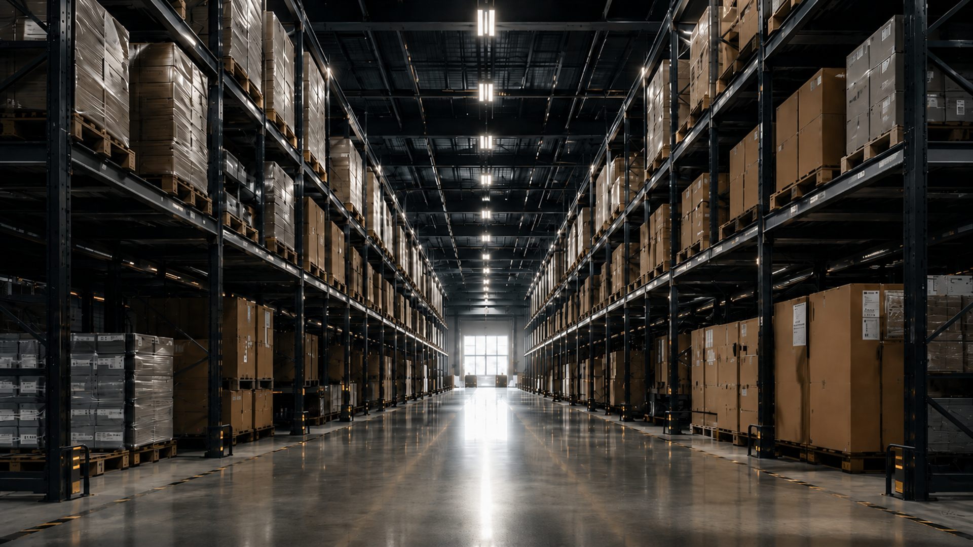 Warehouse aisle stacked with palletised stock, part of the Nexus Global supply network