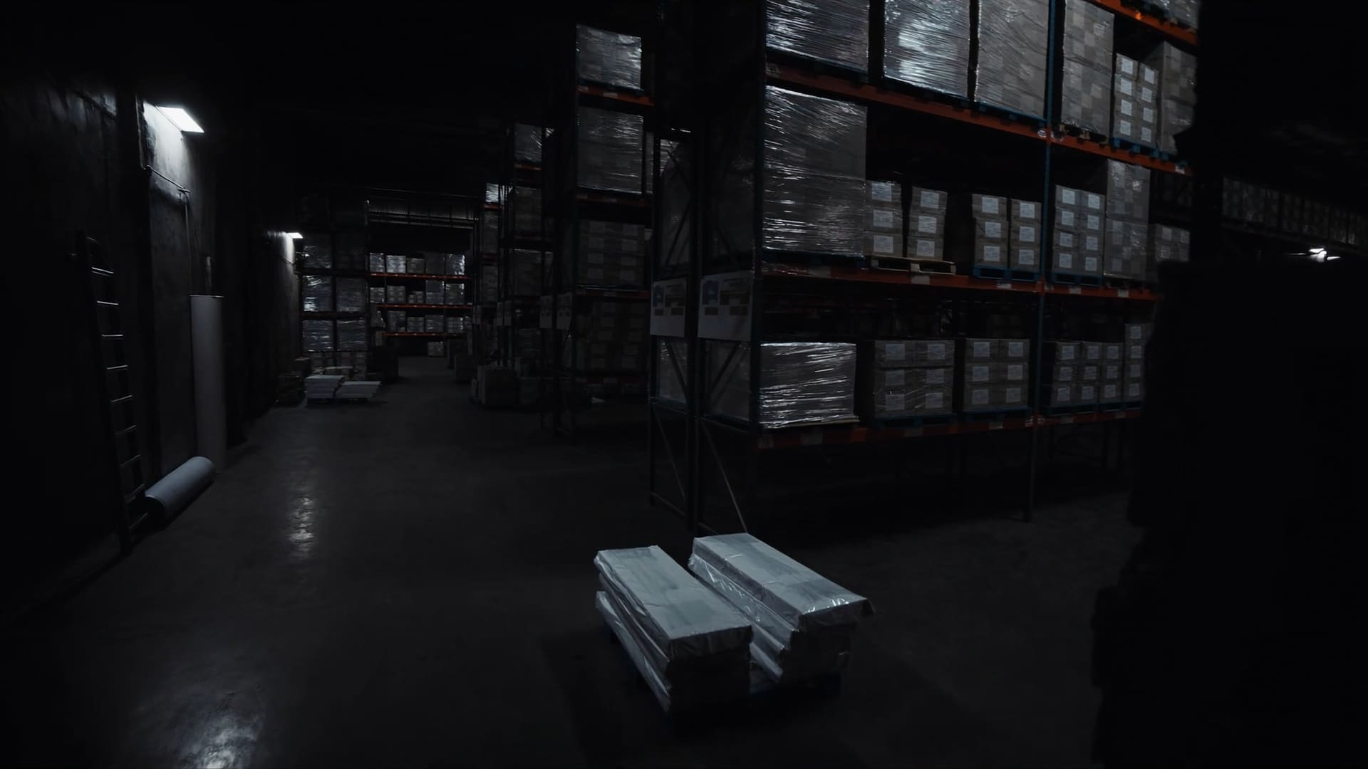 Tall racking stacked with palletised cartons receding down a dimly lit distribution warehouse aisle